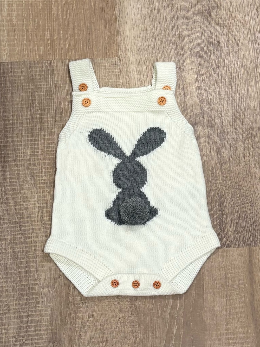 Cream Knit Baby Romper with Gray Bunny Motif